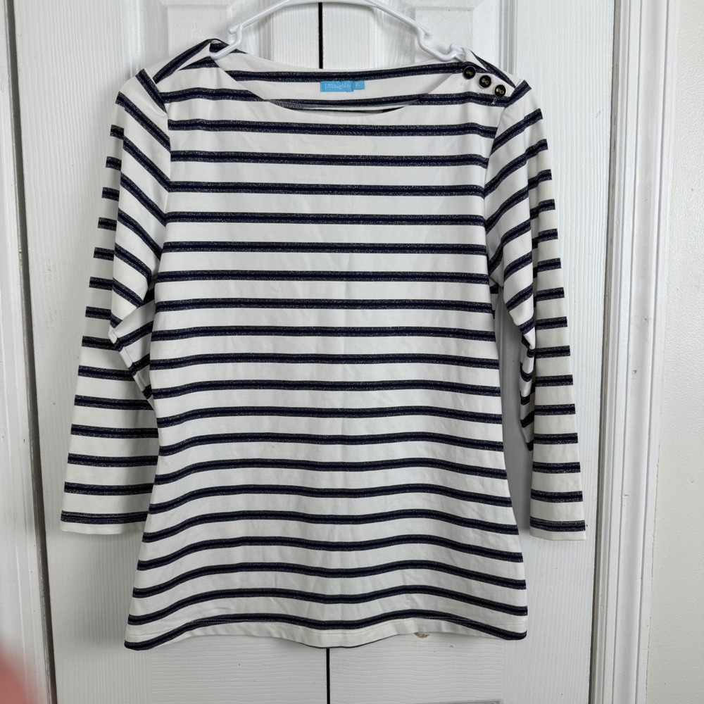 J. McLaughlin XS Striped Boatneck Top Metallic Gold Button Accent Navy White